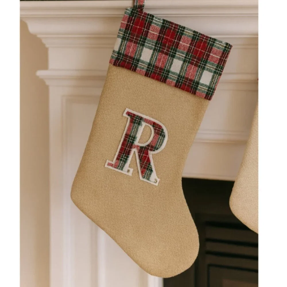 Personalized Christmas Stocking with Plaid Trim and Monogram Letter “R” – Rusti